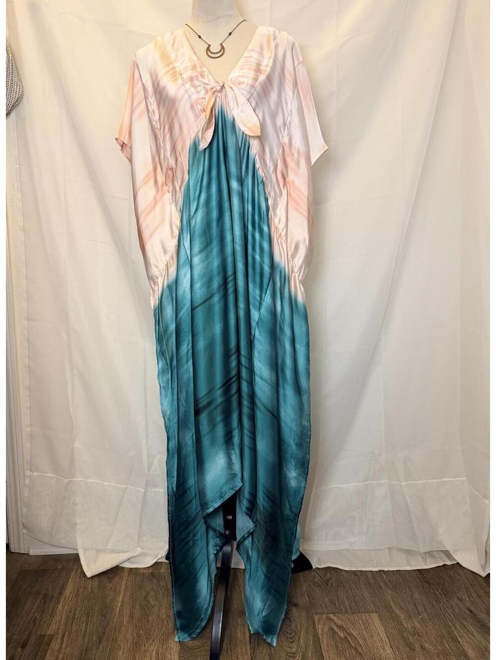 Buddy Love Satin-Feel Tie Dye Kaftan Maxi Dress, Pink and Turquoise, Size M/L
